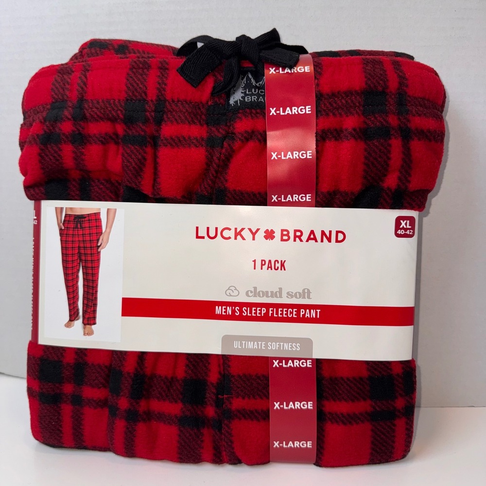 Lucky Brand Sleep Fleece Pant Mens XL Red Black Plaid Cloud Soft Drawstring‎ New